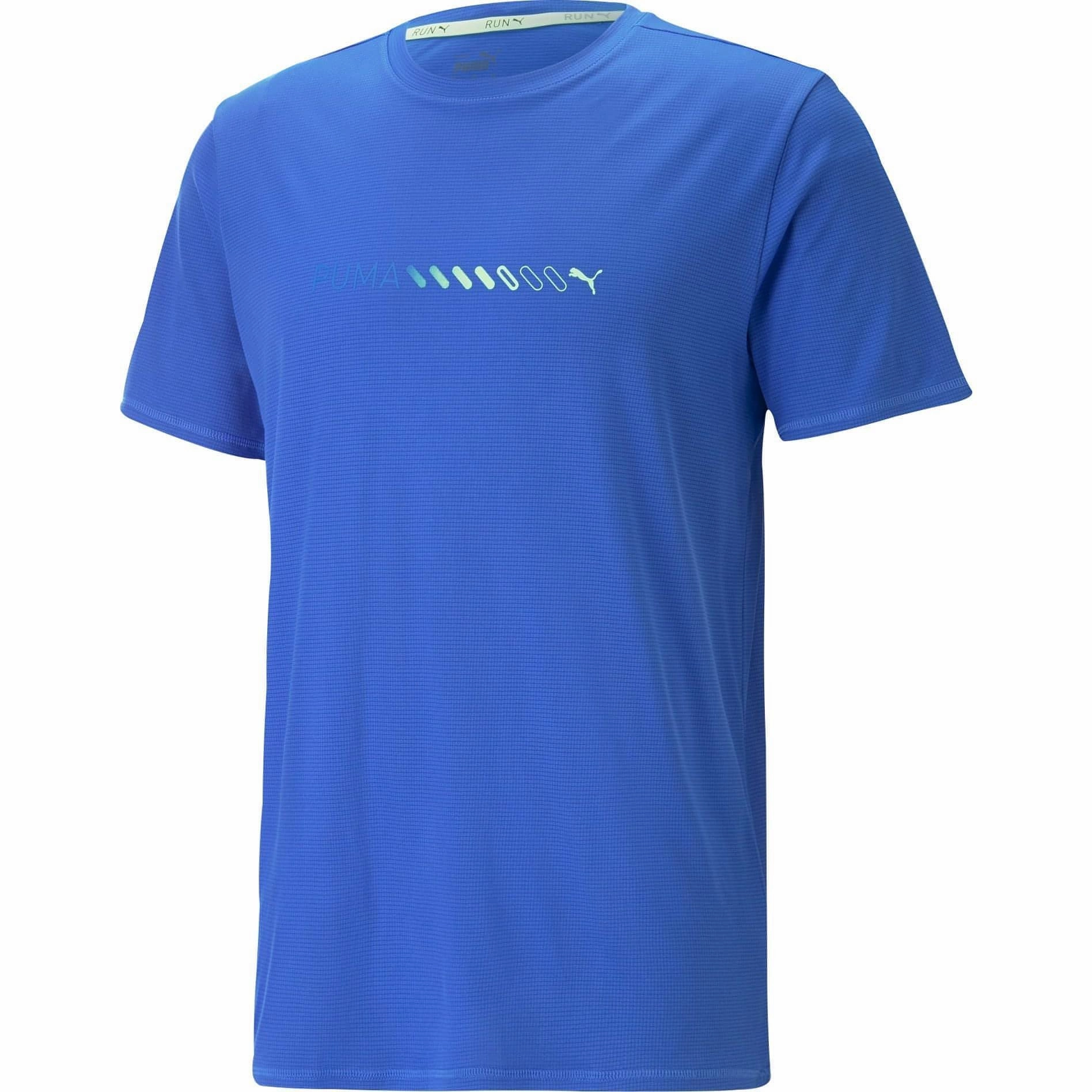 Multi Panel Structure Puma Run Favourite Logo Short Sleeve Mens Running Top - Blue