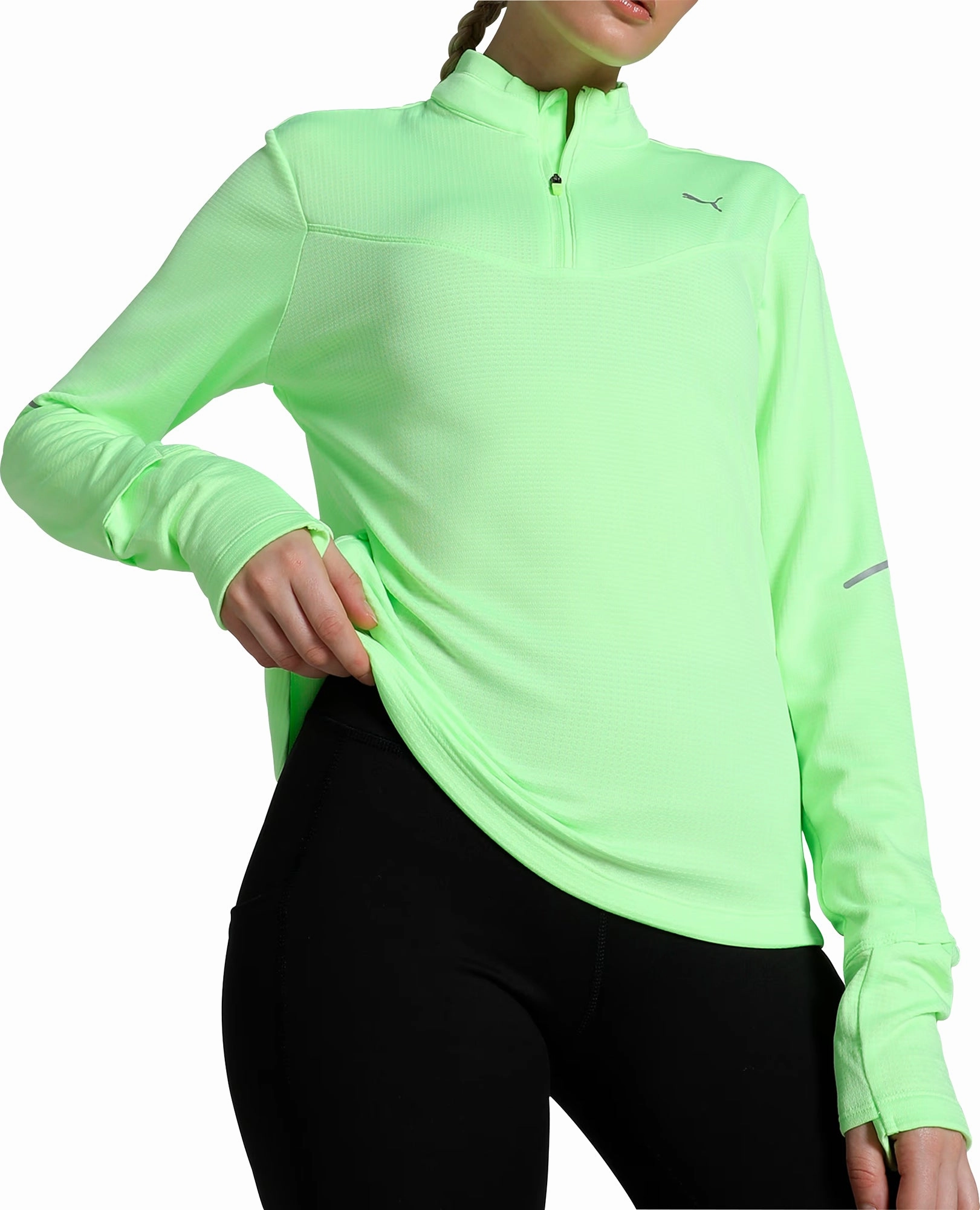 Puma Run Grid Fleece Half-Zip Long Sleeve Womens Running Top - Green graduation Suede