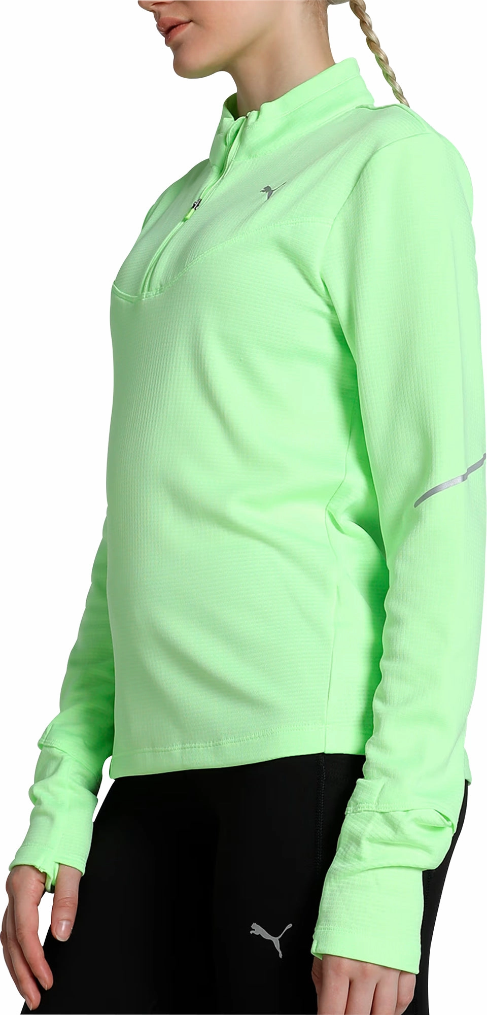 Upcycled Multiple colors Puma Run Grid Fleece Half-Zip Long Sleeve Womens Running Top - Green