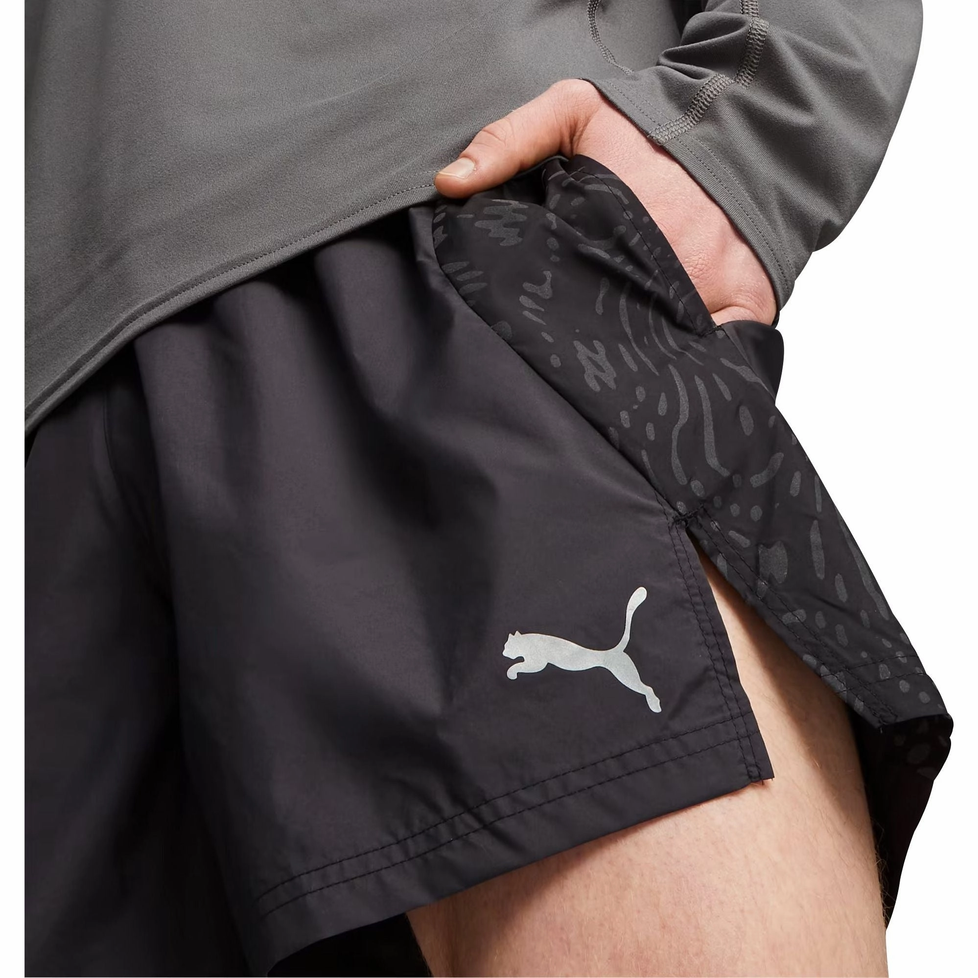 Puma Run 5 Inch Mens Running Shorts - Black Cooling Mesh Lining Clean Mood