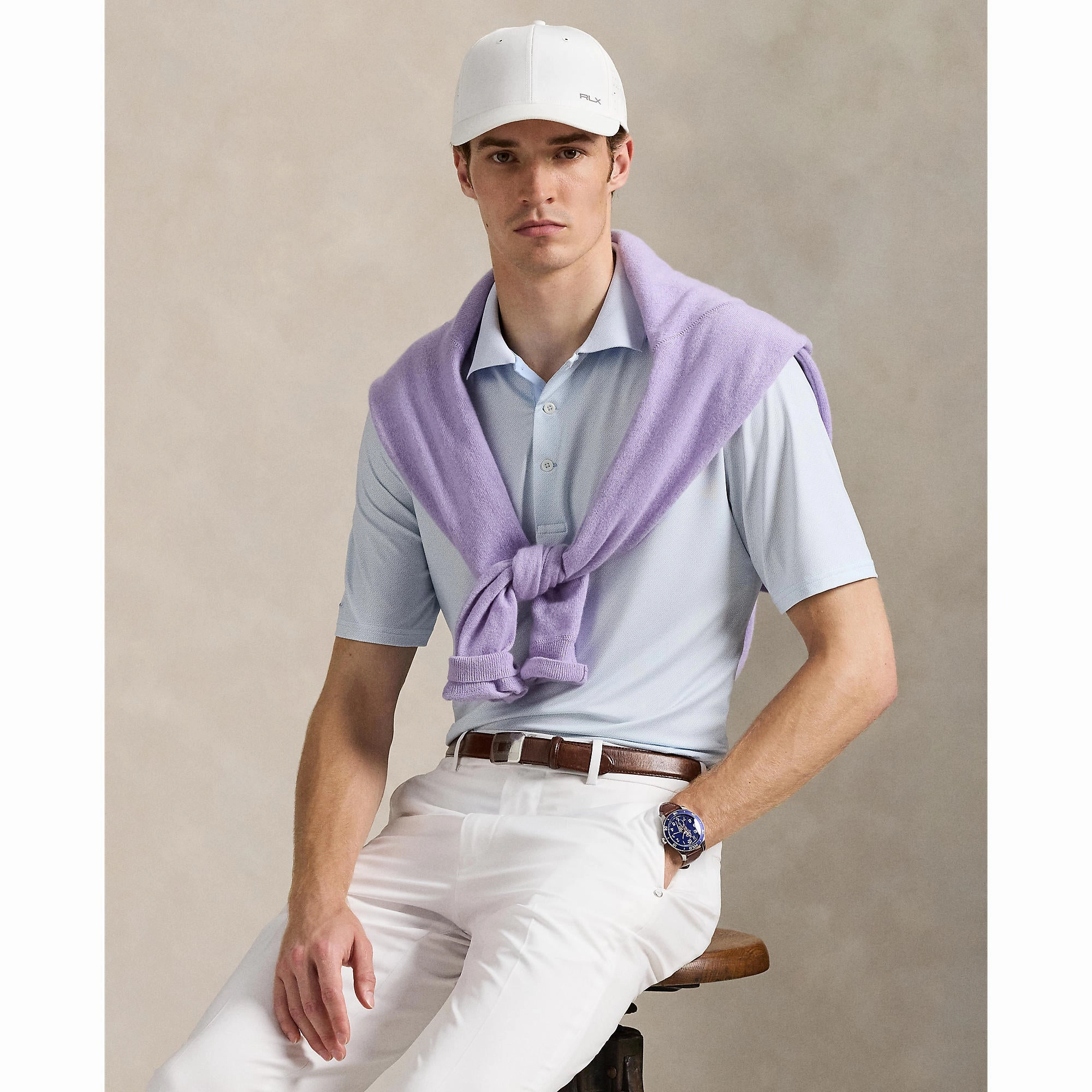 RLX Ralph Lauren Printed Lightweight Airflow Golf Polo Shirt - Office Blue Square Key Golf Outfit
