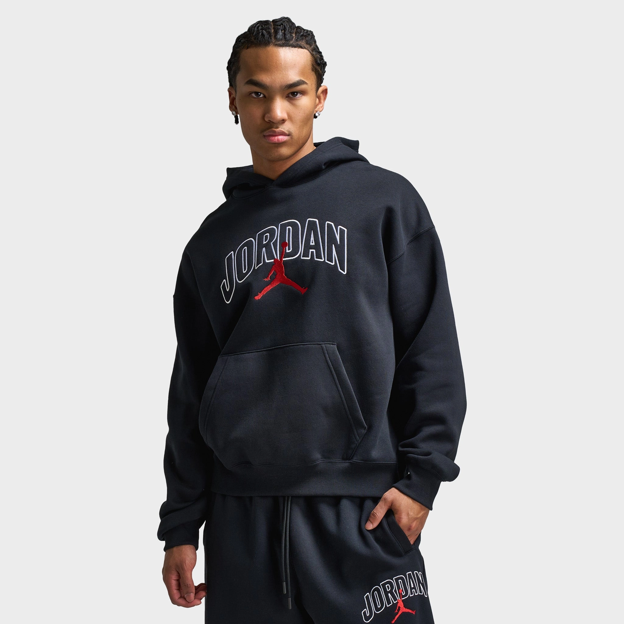 WaterResistantCoating Jordan Brooklyn Oversized Graphic Pullover Hoodie Black / Gym Red