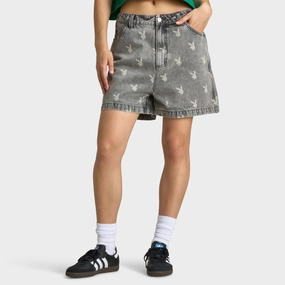 Button Fly Option fade resistant color Playboy Bunny Logo Washed Denim Shorts / Light Grey Washed