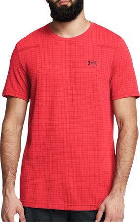 Adjustable Waistband Under Armour Seamless Grid Short Sleeve Mens Training Top - Red