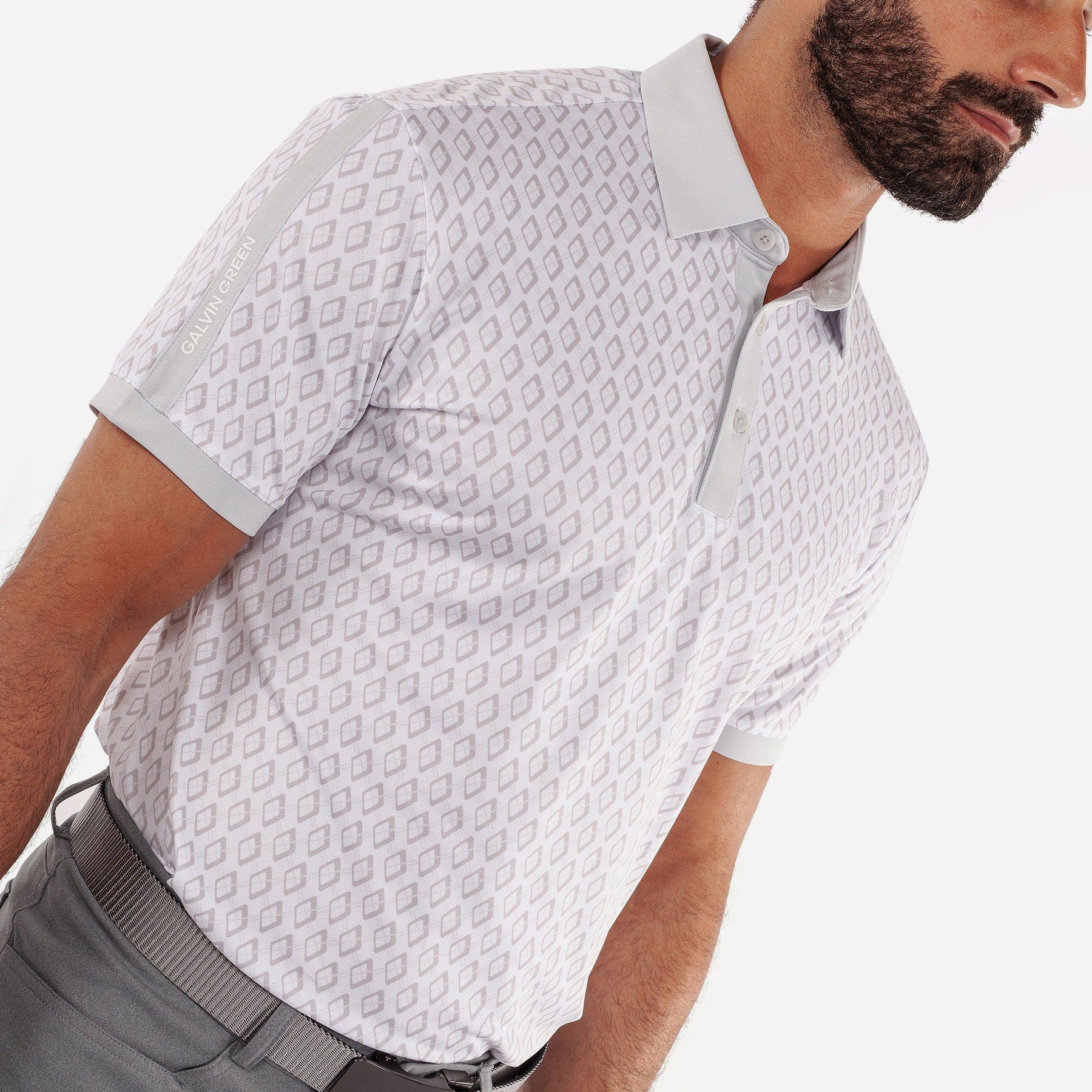 Galvin Green Maxwell Golf Shirt - Cool Grey/White DoubleLayered Hem Binding Microfiber Textile