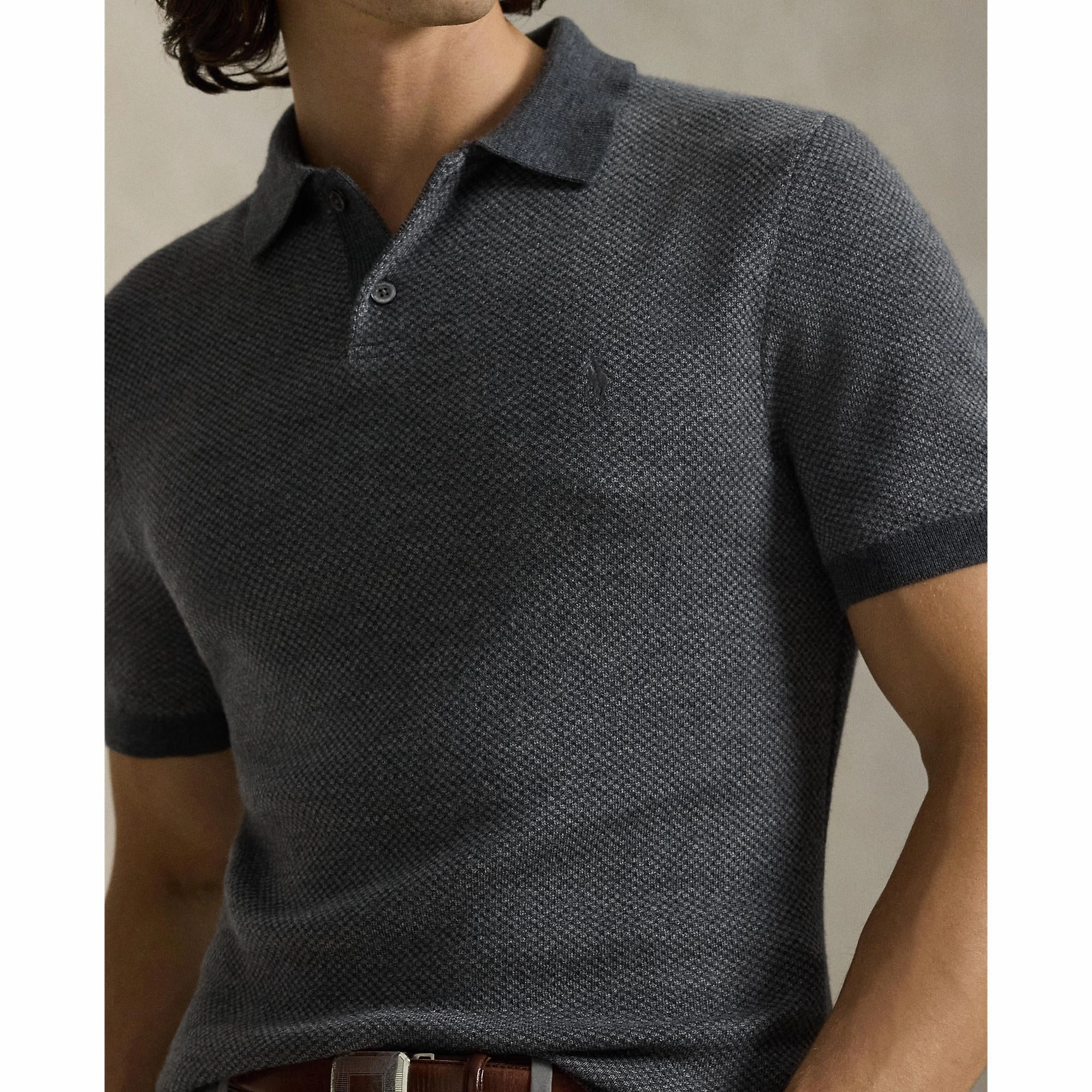 Seamless Shoulder Tri Blend Composition RLX Ralph Lauren Cotton Coolmax Knitted Golf Polo Shirt - Grey Combo