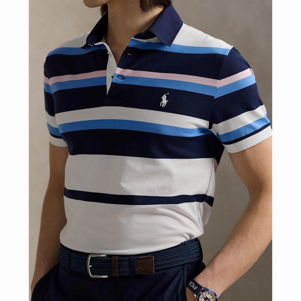 RLX Ralph Lauren Performance Pique Golf Polo Shirt - Refined Navy Multi DoubleLayered Hem Binding