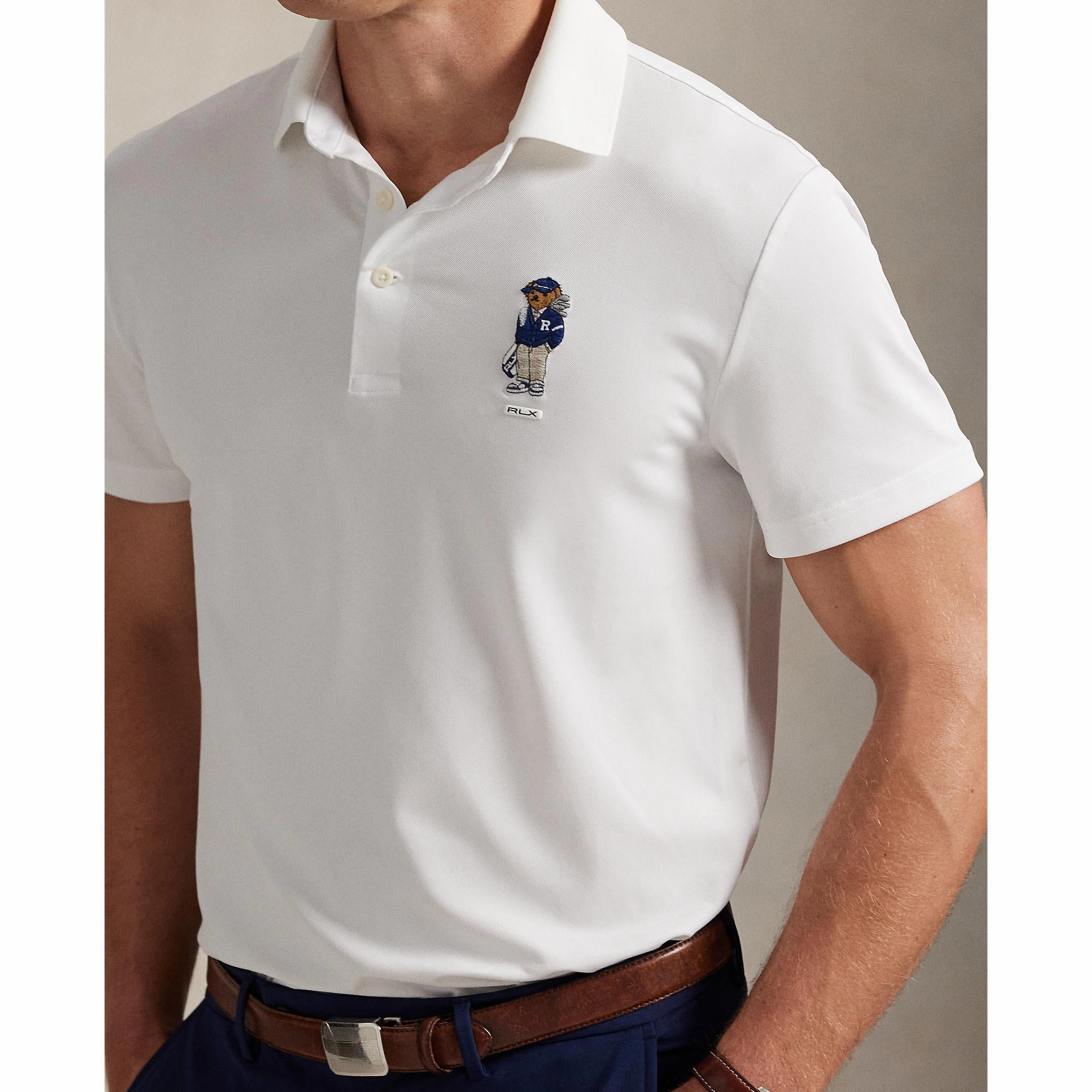 Effortless Style Bound Edge Detailing RLX Ralph Lauren Polo Bear Airtech Pique Golf Polo Shirt - Ceramic White