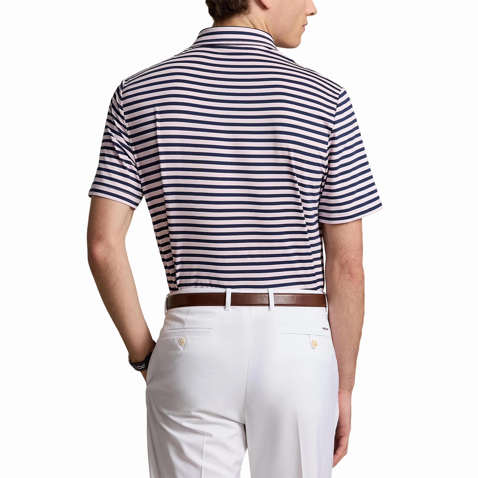 RLX Ralph Lauren Stripe Lightweight Airflow Golf Polo Shirt - Bath Pink Multi Reinforced Collar Stay