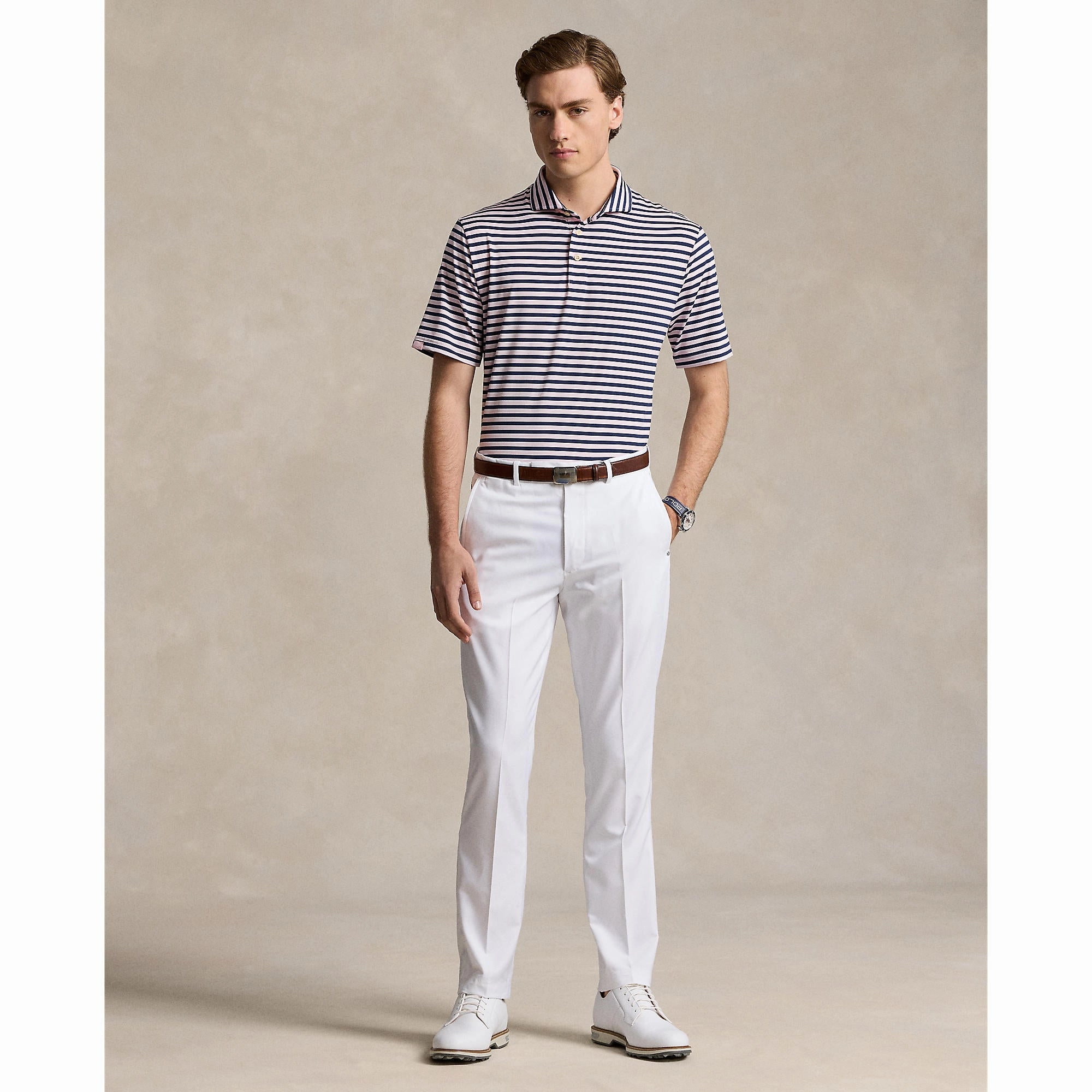 RLX Ralph Lauren Stripe Lightweight Airflow Golf Polo Shirt - Bath Pink Multi Quick-Dry Fabric