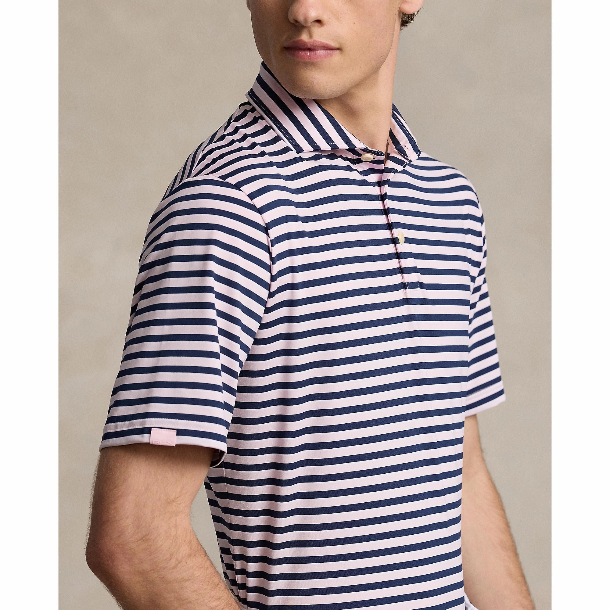 RLX Ralph Lauren Stripe Lightweight Airflow Golf Polo Shirt - Bath Pink Multi FadeResistant Dye