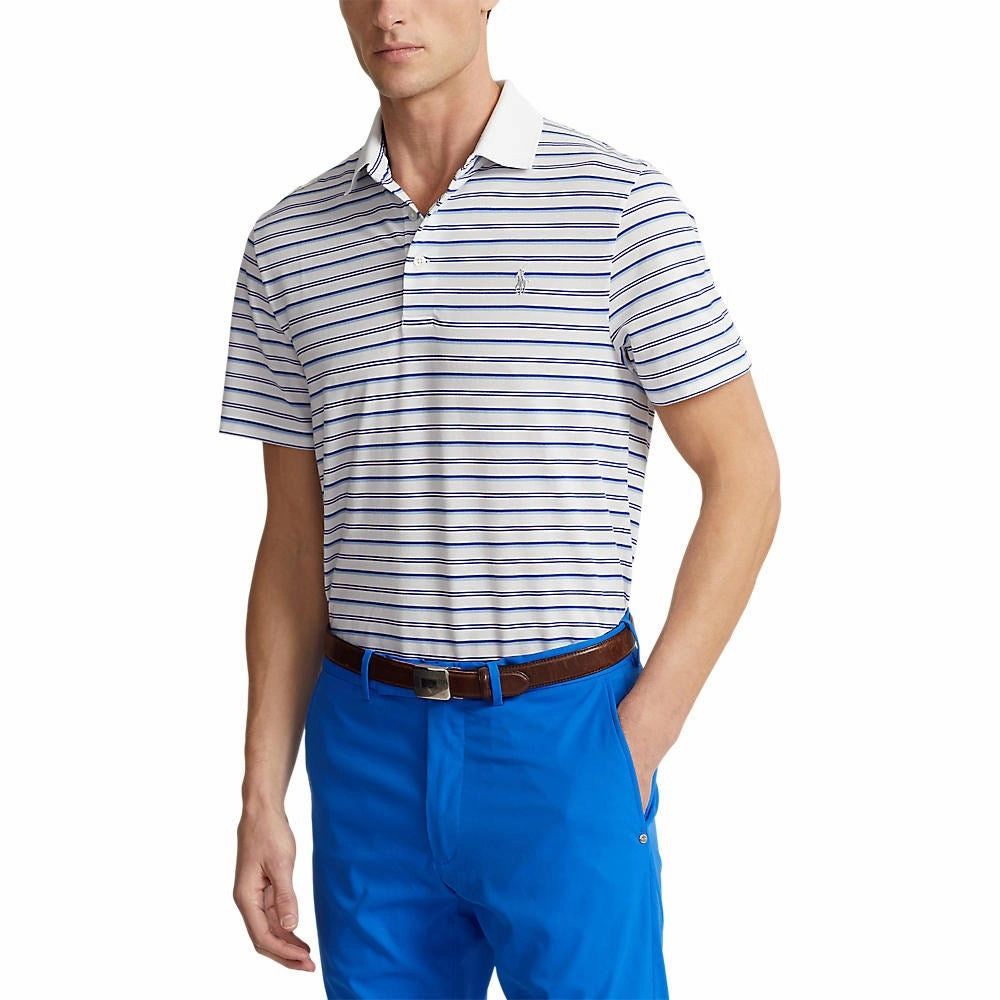 EasyCare Woven Fabric AntiPilling Technology RLX Ralph Lauren Tour Pique Stripe Polo Shirt - Pure White Multi Blue