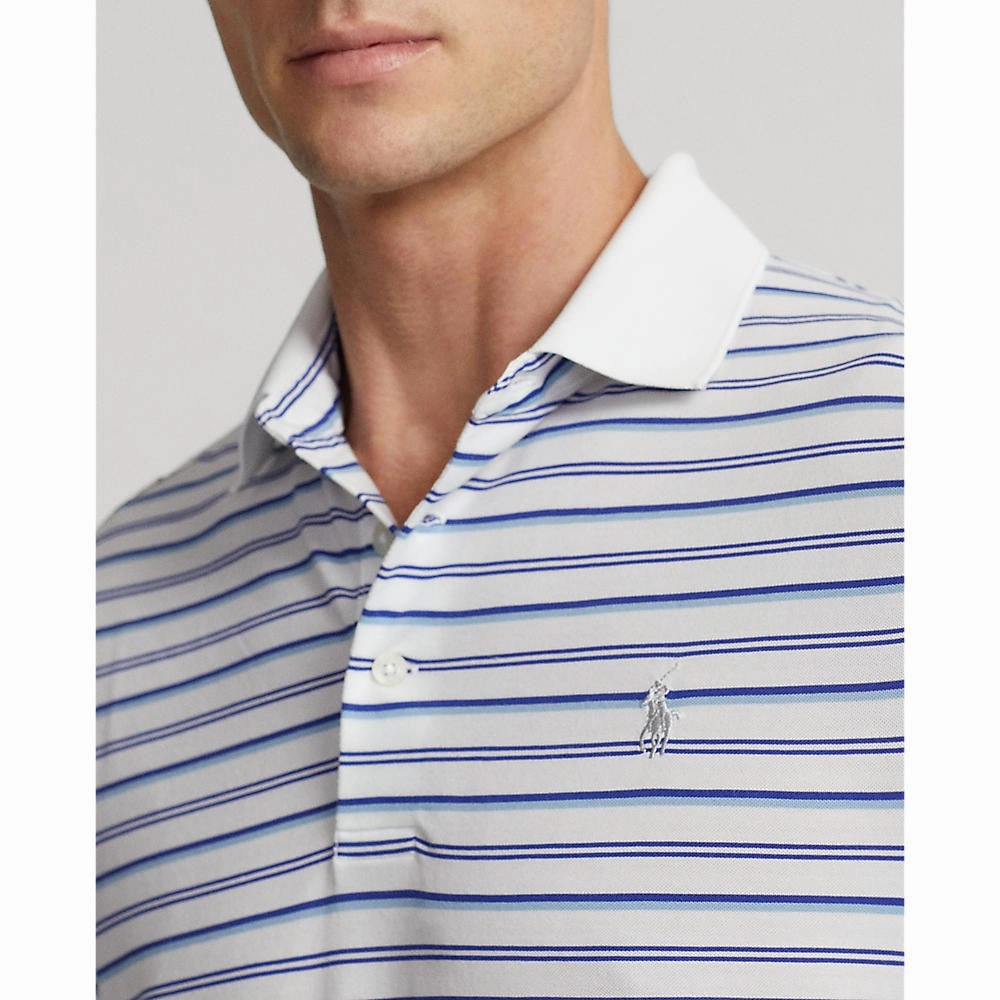 RLX Ralph Lauren Tour Pique Stripe Polo Shirt - Pure White Multi Blue Bamboo Fiber Blend