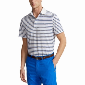 RLX Ralph Lauren Tour Pique Stripe Polo Shirt - Pure White Multi Blue Club Attire DoubleLayered Hem Binding