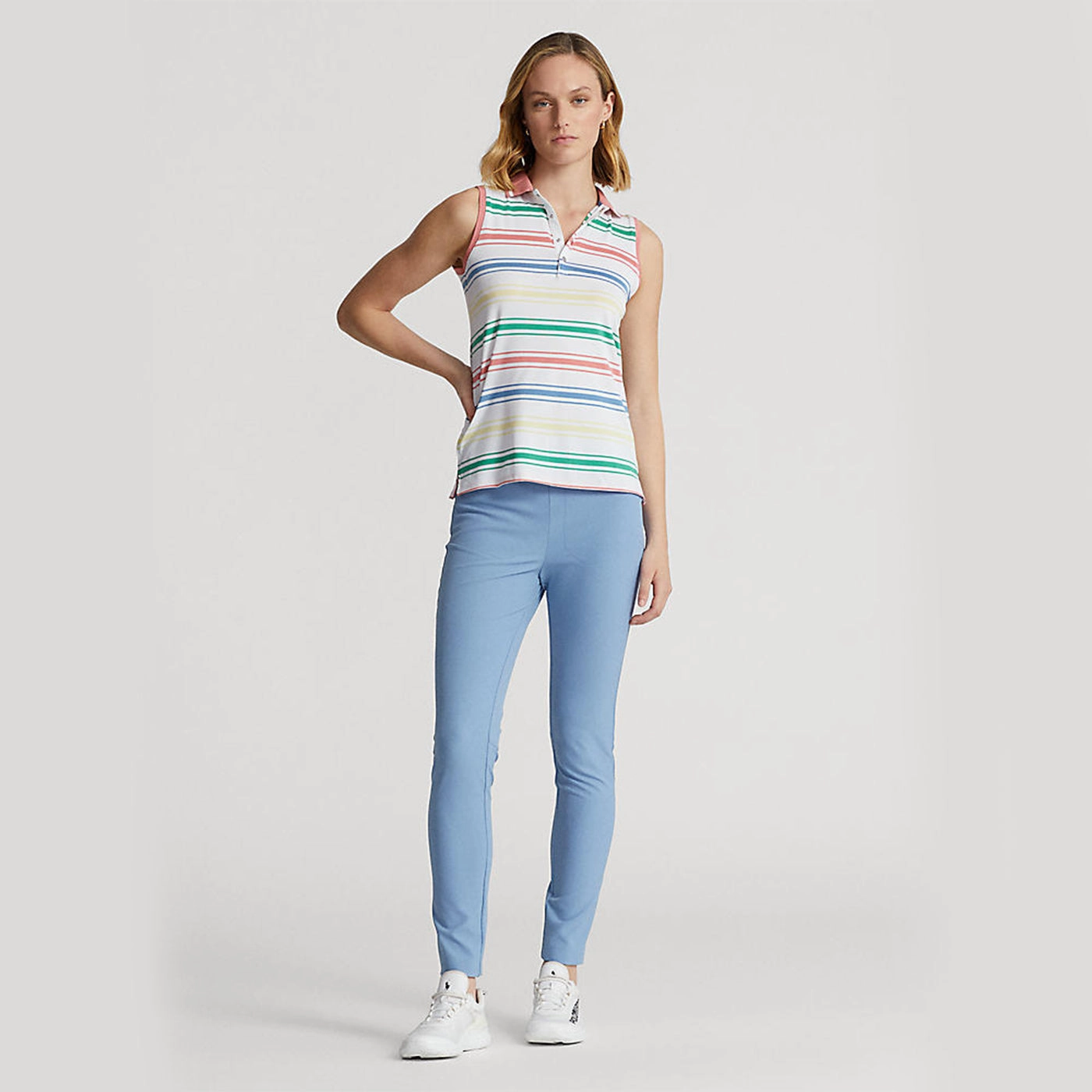 RLX Ralph Lauren Women's Printed Airflow Sleeveless Golf Shirt - Pure White Multi Breathable mesh lining Multi Ply Collar