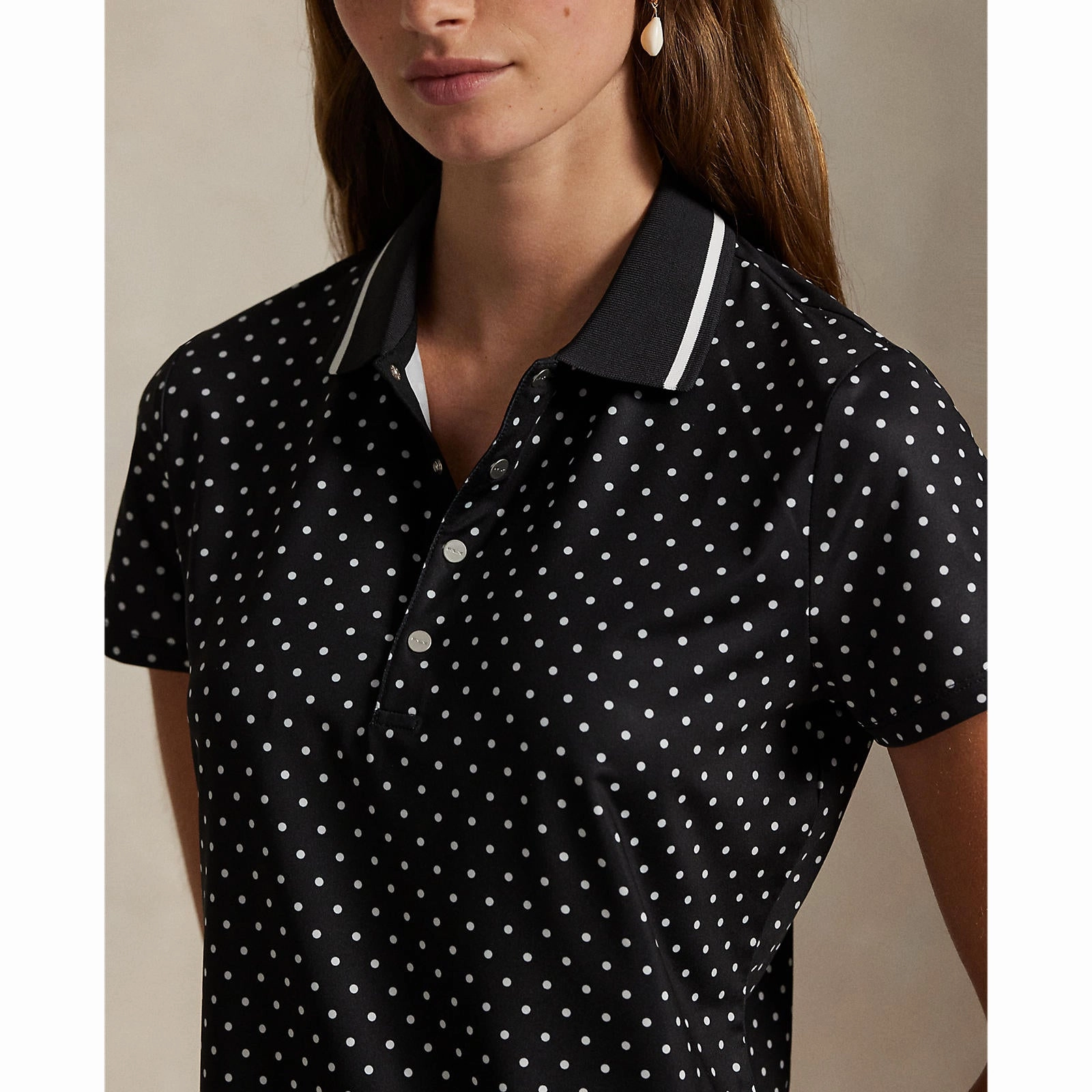 RLX Ralph Lauren Women's Printed Lightweight Airflow Golf Shirt - Polo Black Polka Dot Quick-Dry Tech Bound Edge Detailing