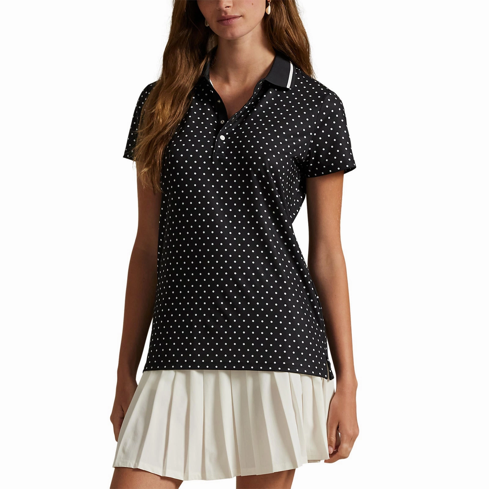 RLX Ralph Lauren Women's Printed Lightweight Airflow Golf Shirt - Polo Black Polka Dot Summer Staple Relaxed Collar