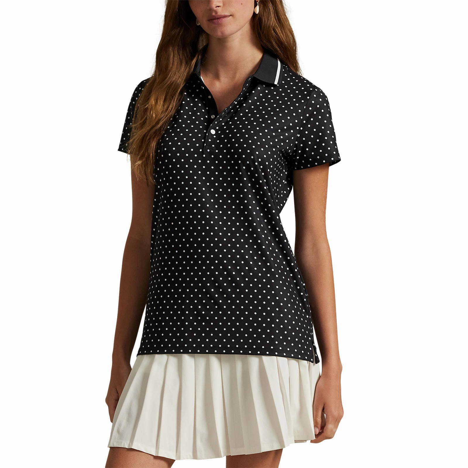 Holiday Outfit Soft Jersey Fabric RLX Ralph Lauren Women's Printed Lightweight Airflow Golf Shirt - Polo Black Polka Dot