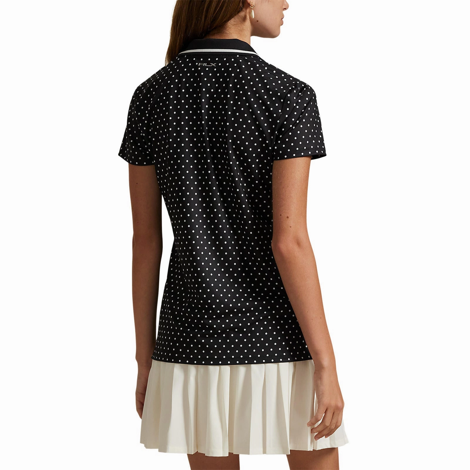 Classic Neckline RLX Ralph Lauren Women's Printed Lightweight Airflow Golf Shirt - Polo Black Polka Dot