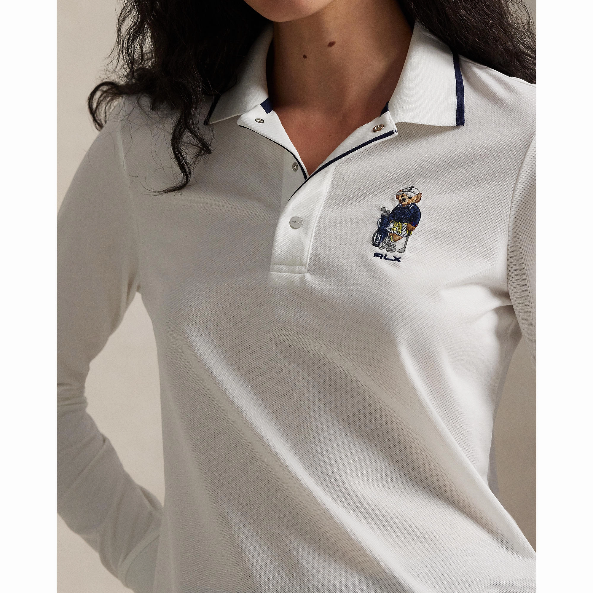 RLX Ralph Lauren Women's Tour Pique Bear Long Sleeve Polo - Ceramic White DoubleLayered Hem Binding