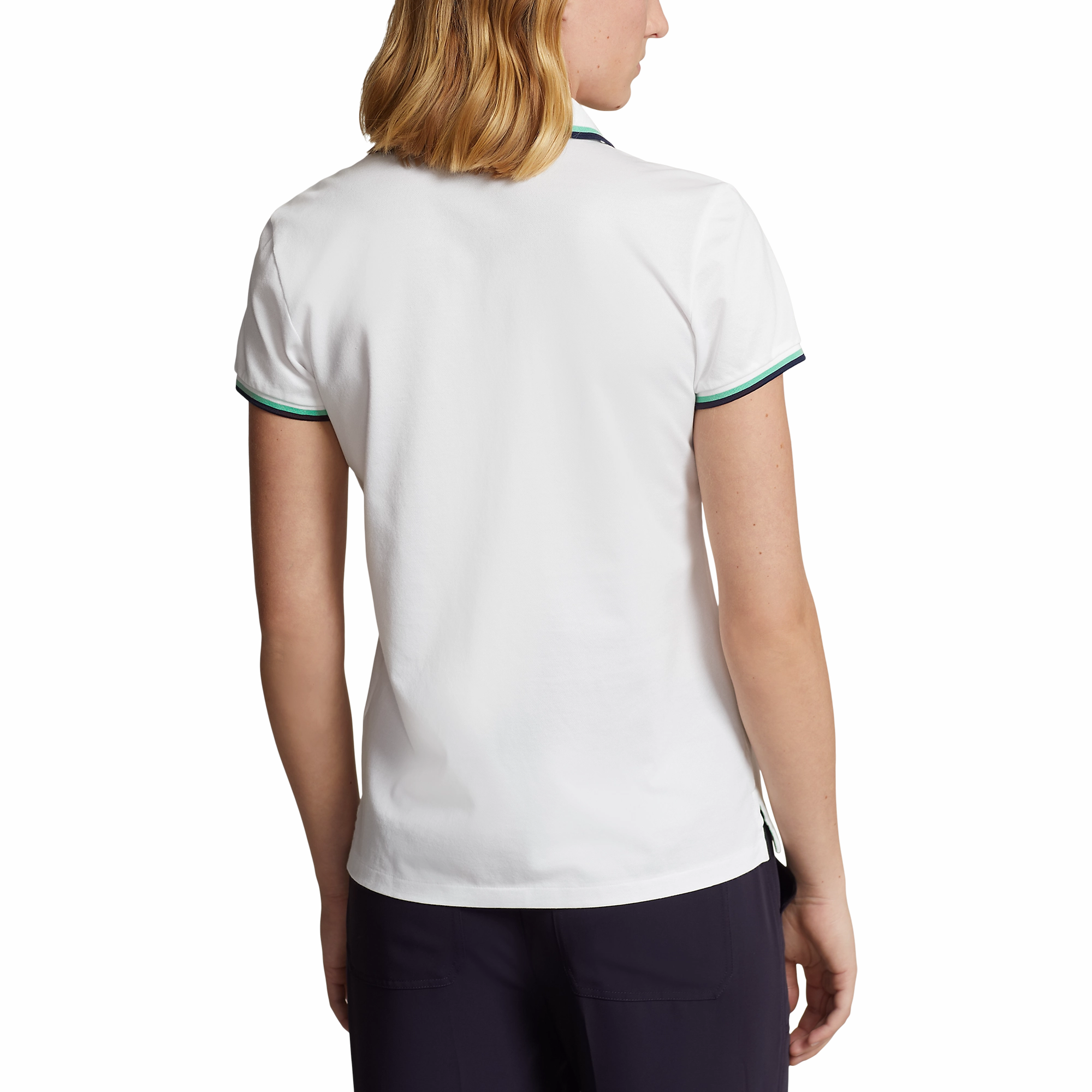 Corporate Dress Code Comfortable Collar RLX Ralph Lauren Women's Tour Pique Golf Polo Shirt - Pure White/Navy/Green