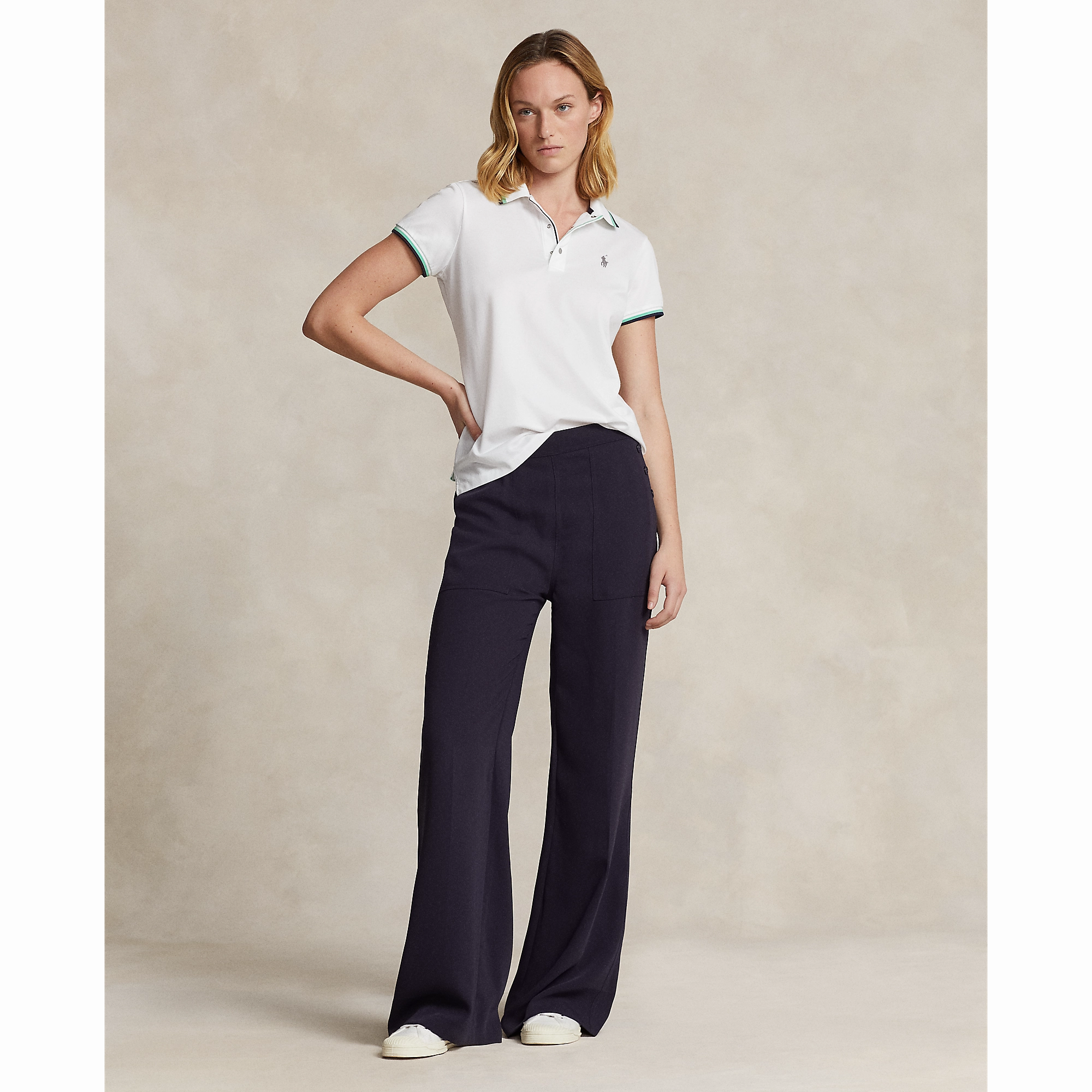 RLX Ralph Lauren Women's Tour Pique Golf Polo Shirt - Pure White/Navy/Green Adaptive Torso Contouring Relaxed Collar