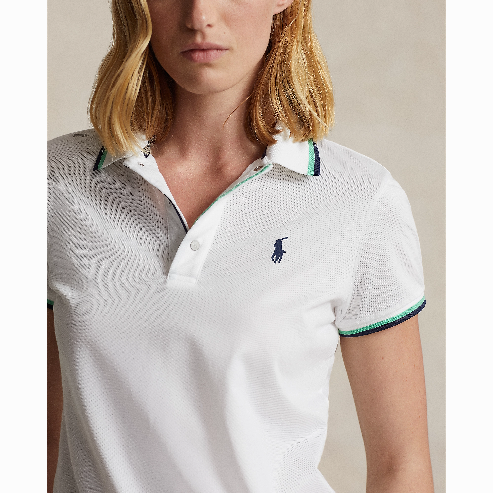 Durable Fabric RLX Ralph Lauren Women's Tour Pique Golf Polo Shirt - Pure White/Navy/Green