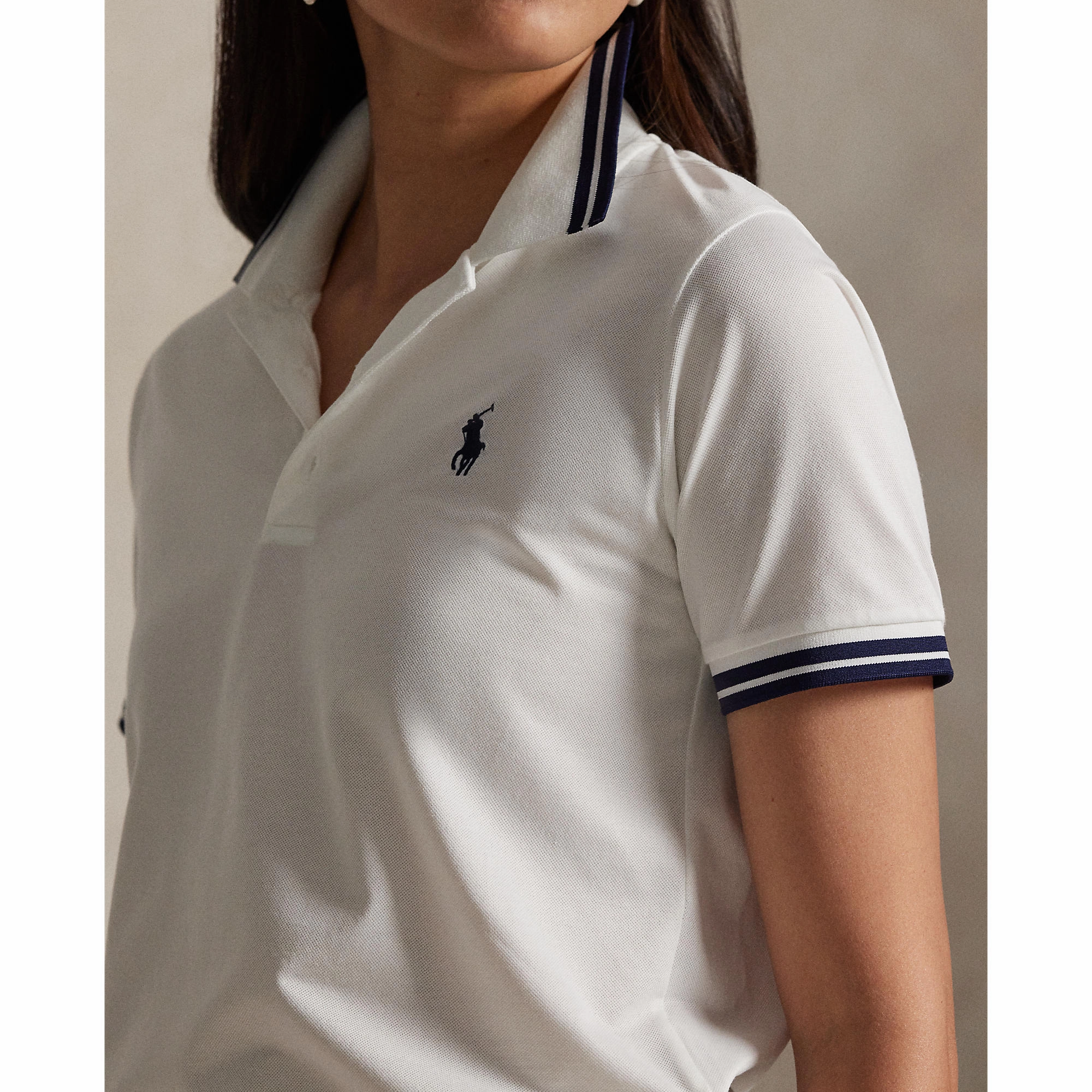 Barrel Cuff Design Ventilated Side Panels RLX Ralph Lauren Women's Tour Pique Golf Shirt - Ceramic White/Refined Navy