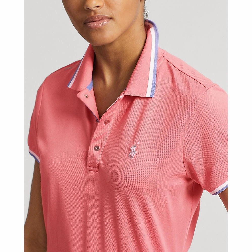 RLX Ralph Lauren Women's Tour Pique Golf Shirt - Desert Rose/White/Hatteras Blue EcoFriendly Material