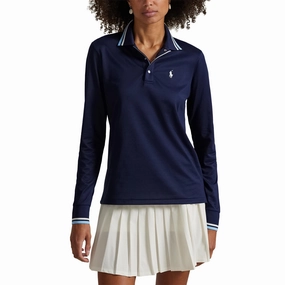 Smart Outfit Active Wear RLX Ralph Lauren Women's Tour Pique Long Sleeve Polo Shirt - Refined Navy/Sutton Blue/Ceramic White