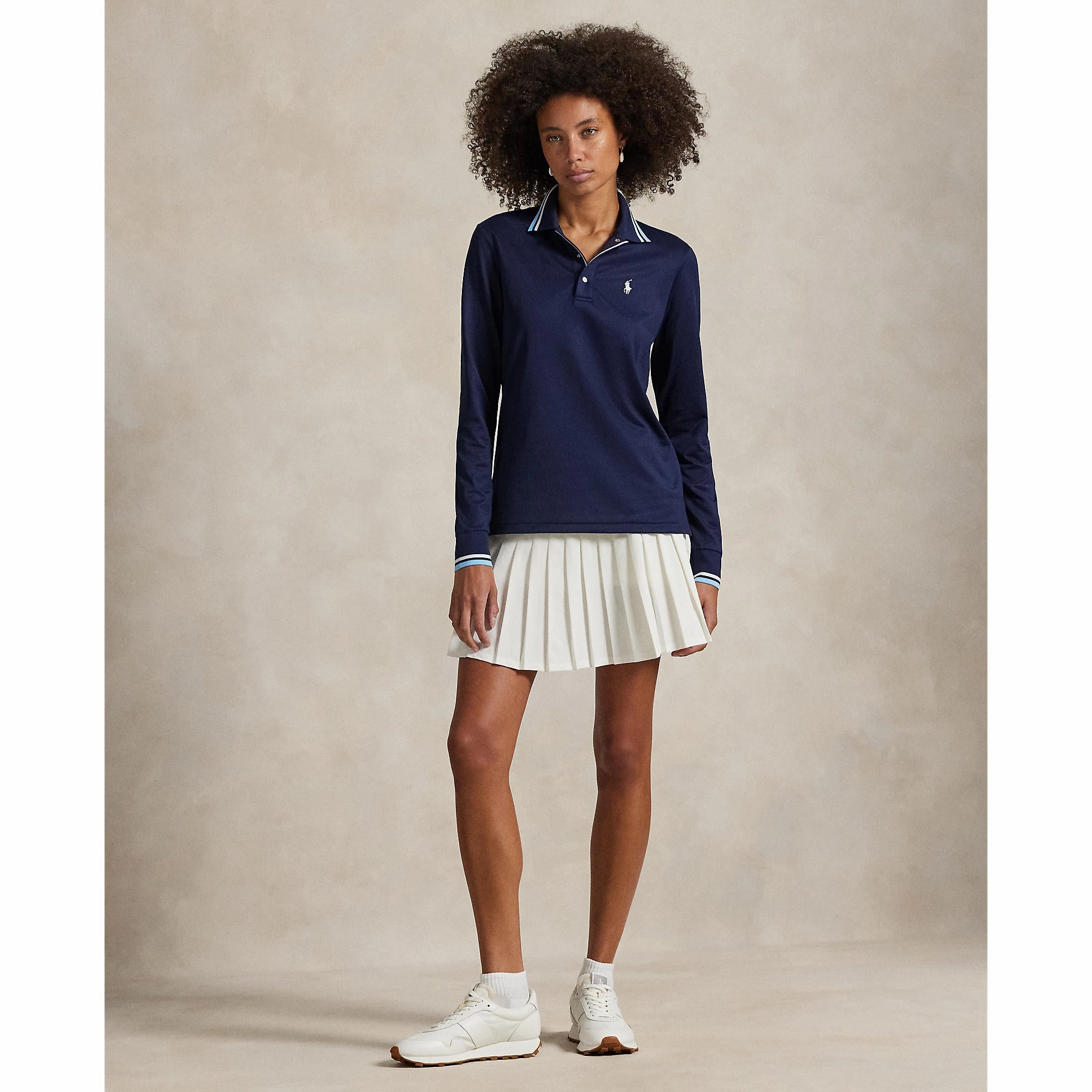 RLX Ralph Lauren Women's Tour Pique Long Sleeve Polo Shirt - Refined Navy/Sutton Blue/Ceramic White NonRestrictive Cut GarmentWashed Texture