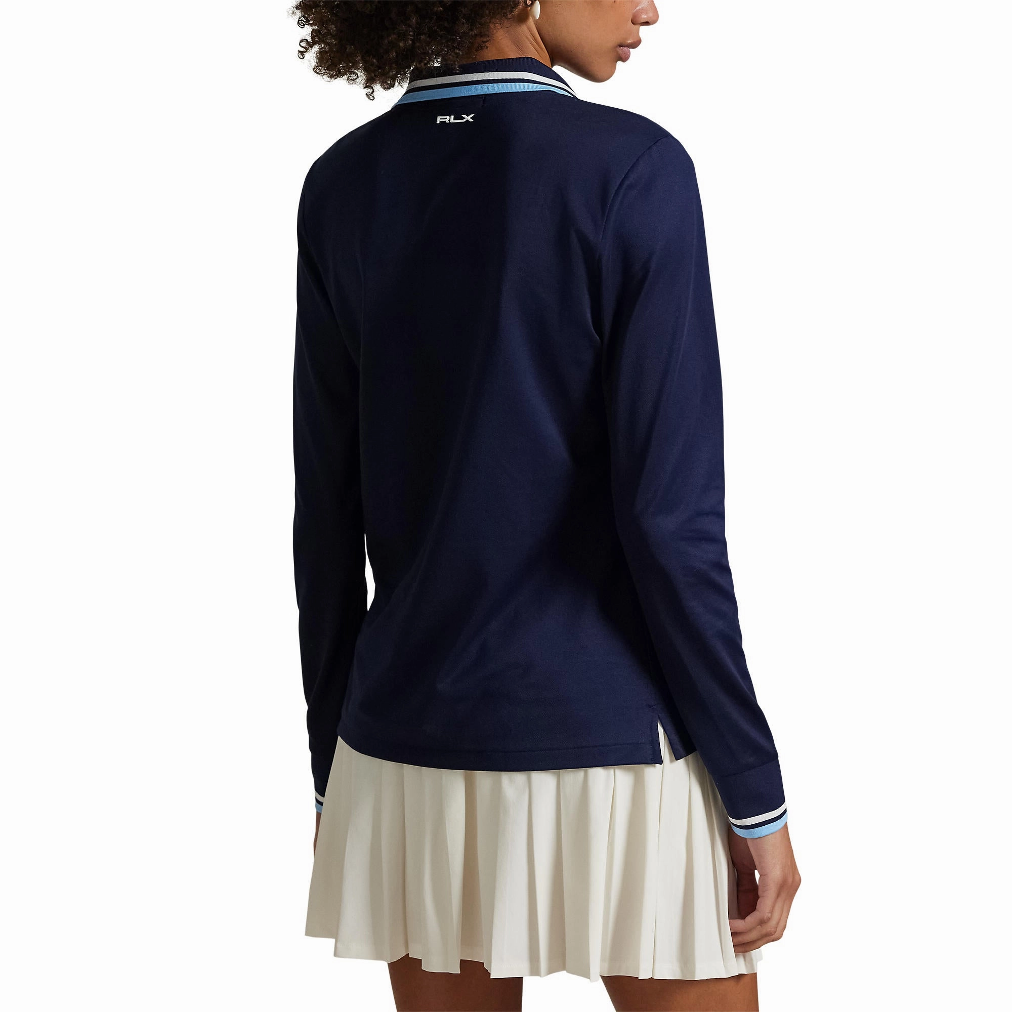 RLX Ralph Lauren Women's Tour Pique Long Sleeve Polo Shirt - Refined Navy/Sutton Blue/Ceramic White LowMaintenance Fabric