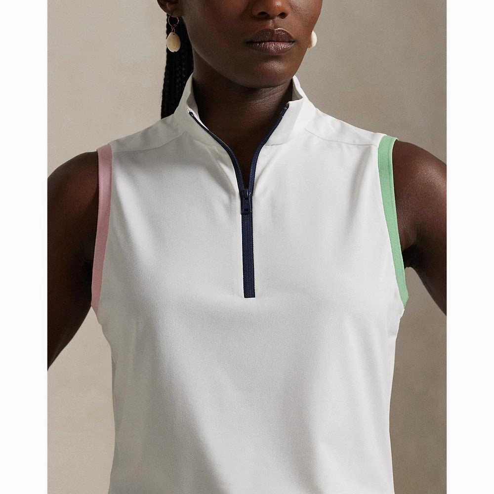 DoubleLayered Fabric Smooth Flatlock Seams RLX Ralph Lauren Women's Tour Pique Sleeveless Mock Neck 1/4 Zip Golf Top - White/Garden Pink/Pistachio