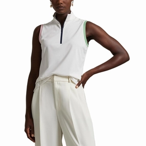 Dress Up Or Down Urban Style RLX Ralph Lauren Women's Tour Pique Sleeveless Mock Neck 1/4 Zip Golf Top - White/Garden Pink/Pistachio