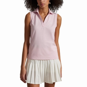 Eco Friendly Dye Garment Washed Finish RLX Ralph Lauren Women's Tour Pique V-Neck Sleeveless Polo Shirt - Garden Pink