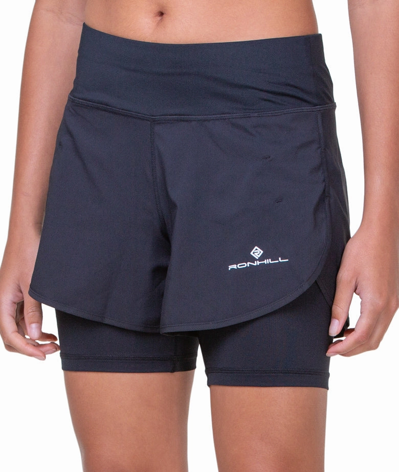 Ronhill Tech 4.5 Inch Twin 2 in 1 Womens Running Shorts - Black Double Layered Hem Lightweight Shorts