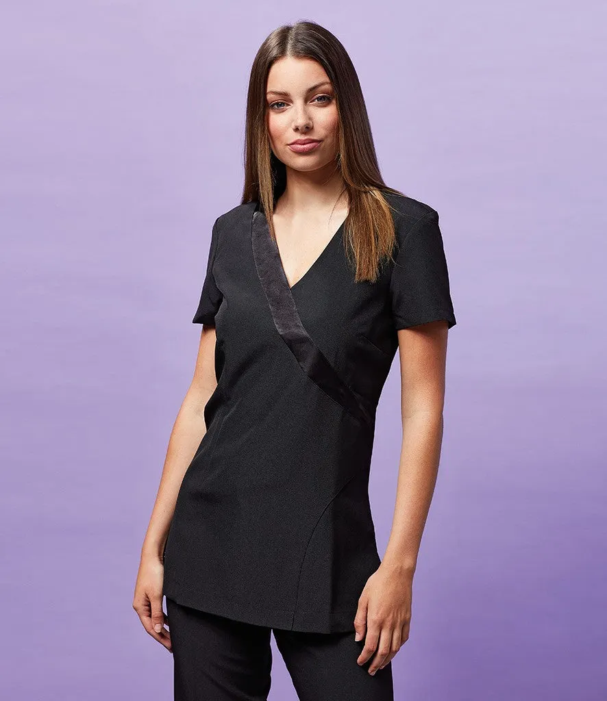 Flexible Waistline Silver Glow 'Rose' Beauty And Spa Wrap Satin Trim Tunic | BLACK
