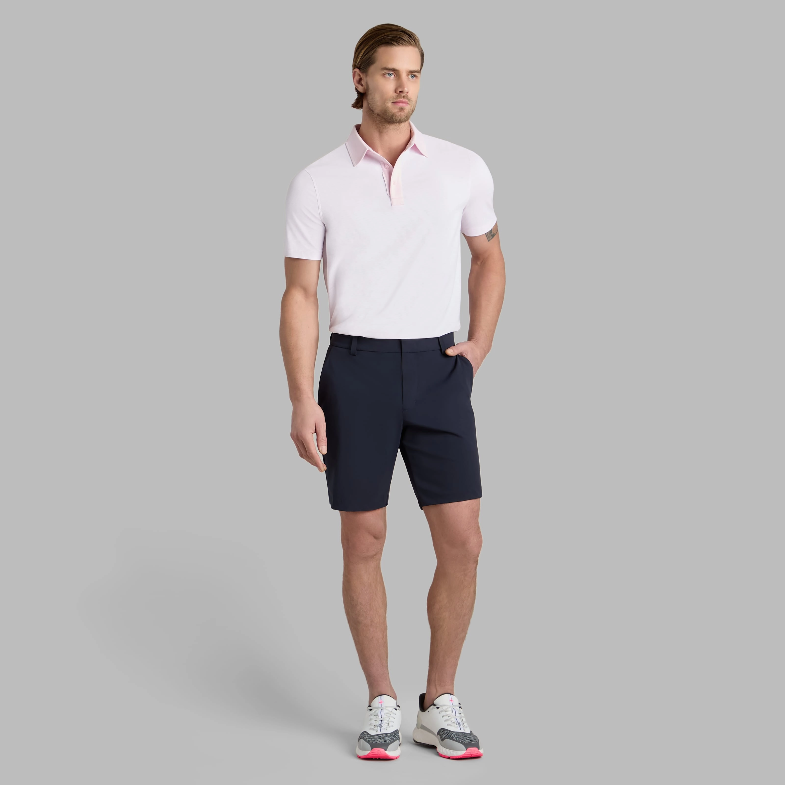 G/Fore Feeder Stripe Fine Tech Jersey Golf Polo Shirt - Blush Fashion Forward Breathable Shirt
