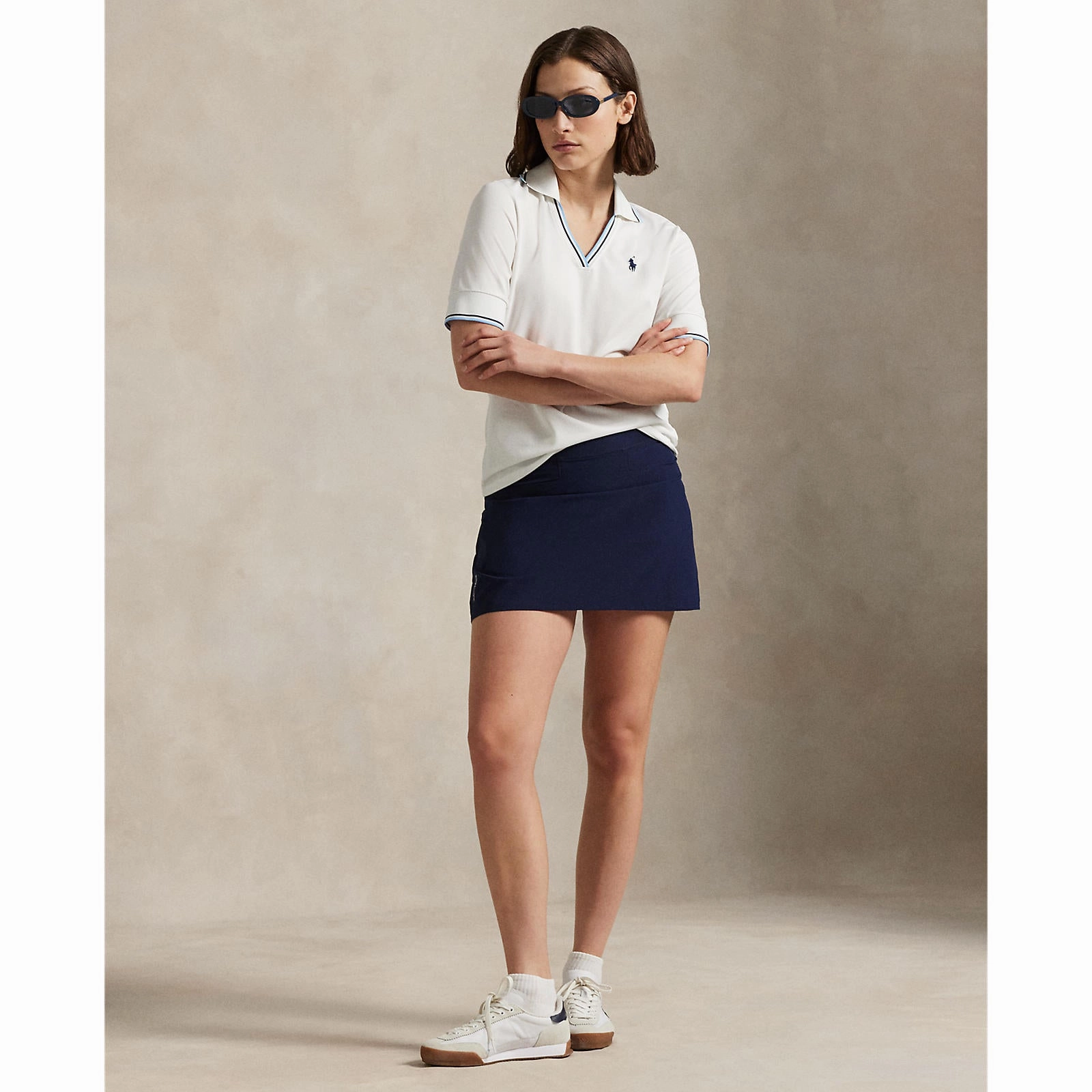 RLX Ralph Lauren Women's V Neck Tour Pique Golf Polo Shirt - Ceramic White/Refined Navy/Sutton Blue Summer Golf Travel Staple