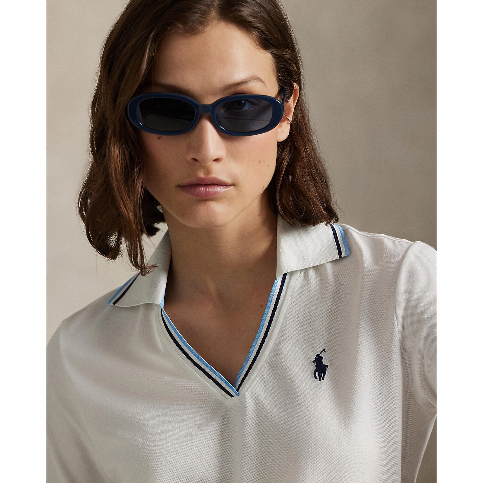 warm weather Breathable Stretch RLX Ralph Lauren Women's V Neck Tour Pique Golf Polo Shirt - Ceramic White/Refined Navy/Sutton Blue