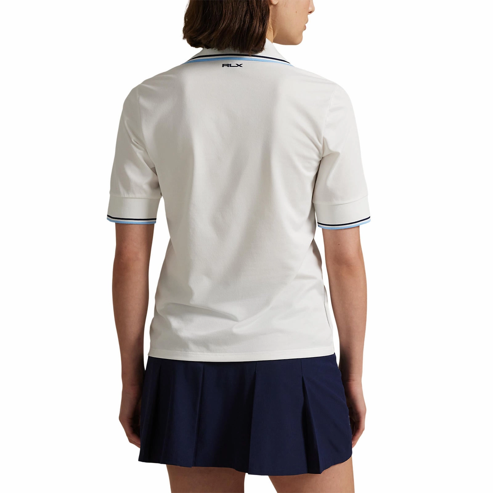 TearResistant Fiber Non Iron Finish RLX Ralph Lauren Women's V Neck Tour Pique Golf Polo Shirt - Ceramic White/Refined Navy/Sutton Blue