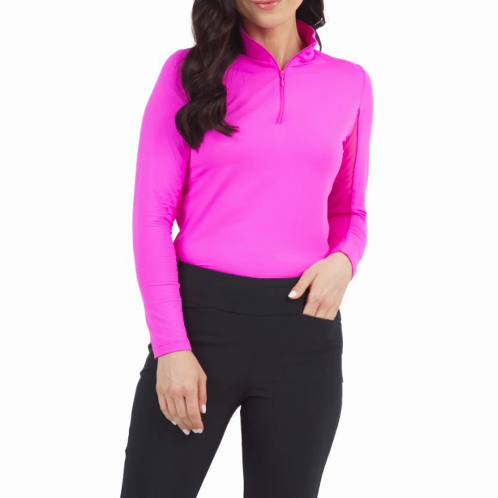 IBKUL Women's Solid Long Sleeve Zip Mock Neck - Hot Pink Thermoregulating Fabric