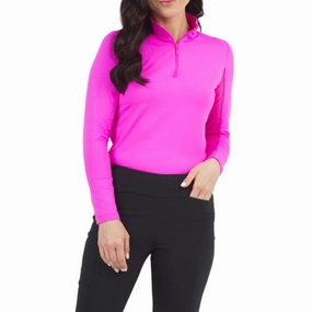 IBKUL Women's Solid Long Sleeve Zip Mock Neck - Hot Pink Thermoregulating Fabric