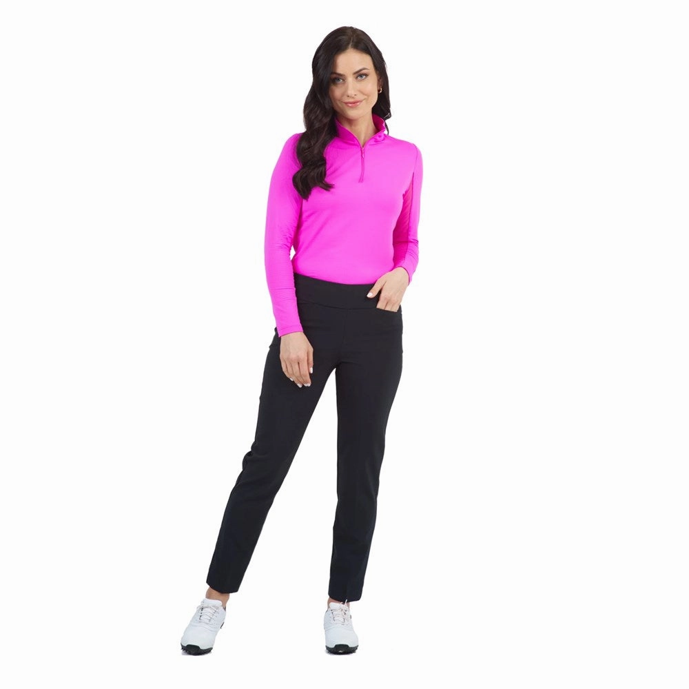 FourButton Placket Trendy Business IBKUL Women's Solid Long Sleeve Zip Mock Neck - Hot Pink