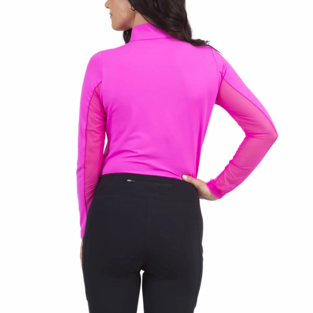IBKUL Women's Solid Long Sleeve Zip Mock Neck - Hot Pink Golf Ready