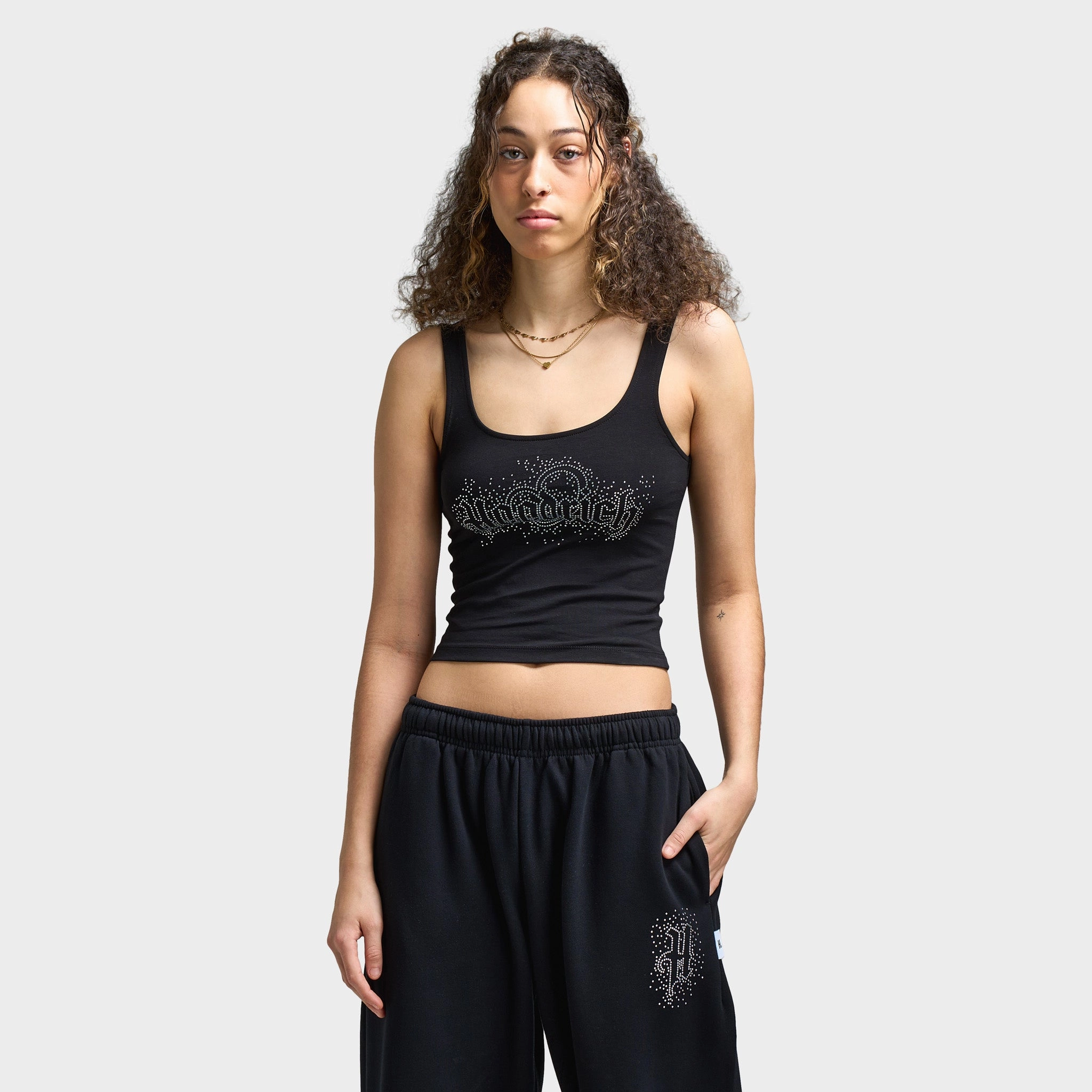 Hoodrich Women's Diffuse Strappy Vest Black / Silver Rhinestones Easy Wear Option Outdoor Fashion