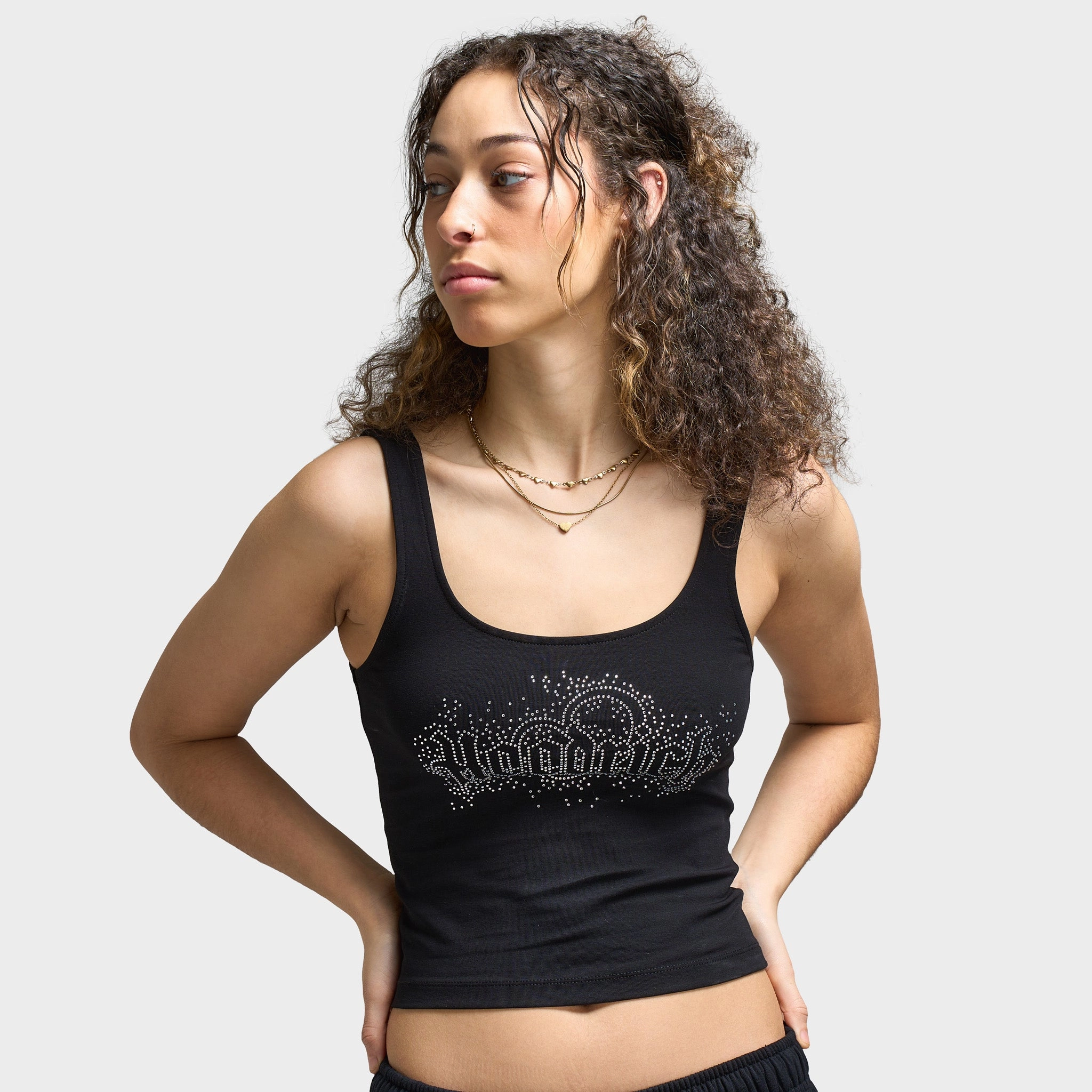 NoSideSeam Hoodrich Women's Diffuse Strappy Vest Black / Silver Rhinestones