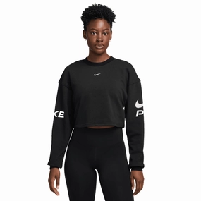 Women's Pro Dri-FIT Loose French Terry Crew Neck Sweatshirt Black / White Flexible Hemline Stretchable Fabric