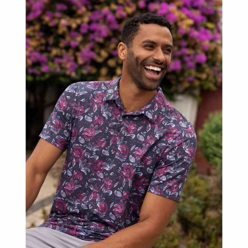 Sustainable Production Certification Breathable Weave Travis Mathew Featherweight Flourish Polo Golf Shirt - Mood Indigo/Vintage Indigo