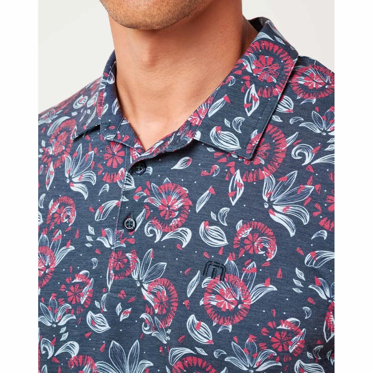 Travis Mathew Featherweight Flourish Polo Golf Shirt - Mood Indigo/Vintage Indigo Yarn Dyed Collar